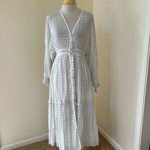 ULLA JOHNSON Size 6 white with blue front button dolman sleeve dress